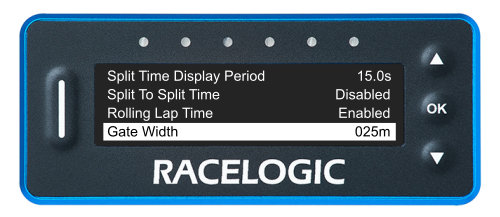 VBOX LapTimer showing the Lap Timing Menu with the Gate Width option highlighted and set to 025m.