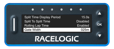 VBOX LapTimer showing the Lap Timing Menu with the Gate Width option highlighted and set to 025m.