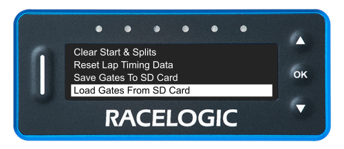 VBOX LapTimer showing the Lap Timing Menu with the Load Gates From SD Card option highlighted.