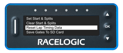 VBOX LapTimer showing the Lap Timing Menu with the Reset Lap Timing Data option highlighted.