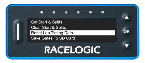 VBOX LapTimer showing the Lap Timing Menu with the Reset Lap Timing Data option highlighted.