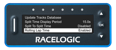 VBOX LapTimer showing the Lap Timing Menu with the Rolling Lap Time option highlighted and enabled.