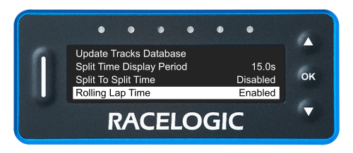 VBOX LapTimer showing the Lap Timing Menu with the Rolling Lap Time option highlighted and enabled.