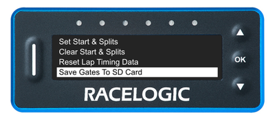 VBOX LapTimer showing the Lap Timing Menu with the Save Gates to SD Card option highlighted.
