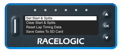 VBOX LapTimer showing the Lap Timing Menu with the Set Start & Splits option highlighted.