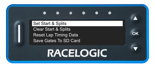VBOX LapTimer showing the Lap Timing Menu with the Set Start & Splits option highlighted.
