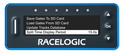 VBOX LapTimer showing the Lap Timing Menu with the Split Time Display Period option highlighted and set to 15.0s.
