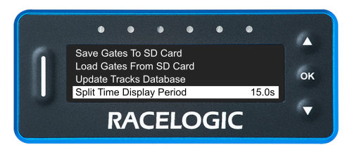 VBOX LapTimer showing the Lap Timing Menu with the Split Time Display Period option highlighted and set to 15.0s.