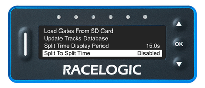 VBOX LapTimer showing the Lap Timing Menu with the Split To Split Time option highlighted and disabled.