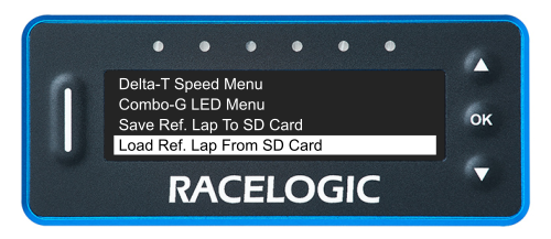 VBOX LapTimer showing the Predictive Lap Timing Menu with the Load Ref. Lap From SD Card option highlighted.