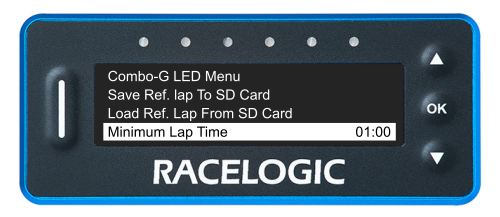 VBOX LapTimer showing the Predictive Lap Timing Menu with the Minimum Lap Time option highlighted and set to 01:00.