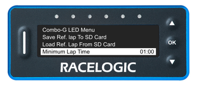 VBOX LapTimer showing the Predictive Lap Timing Menu with the Minimum Lap Time option highlighted and set to 01:00.