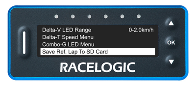 VBOX LapTimer showing the Predictive Lap Timing Menu with the Save Ref. Lap To SD Card option highlighted.