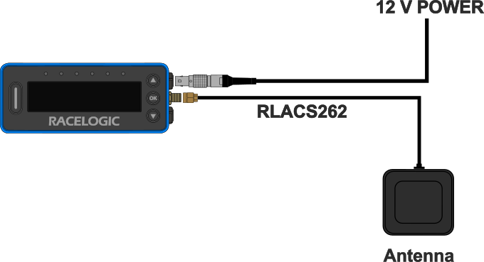 Installation diagram showing VBOX LapTimer connected to a GNSS antenna and a 12 V power supply.