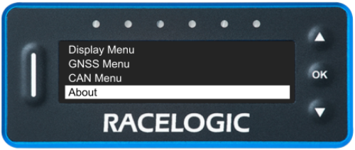 VBOX Pit Lane Timer showing the About option in the main menu.