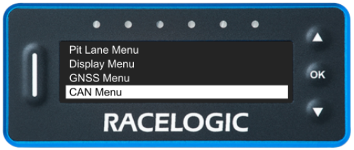VBOX Pit Lane Timer showing the CAN Menu option in the main menu.