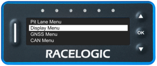 VBOX Pit Lane Timer showing the Display Menu option in the main menu.