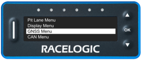 VBOX Pit Lane Timer showing the GNSS Menu option in the main menu.