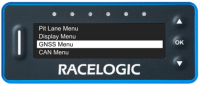 VBOX Pit Lane Timer showing the GNSS Menu option in the main menu.