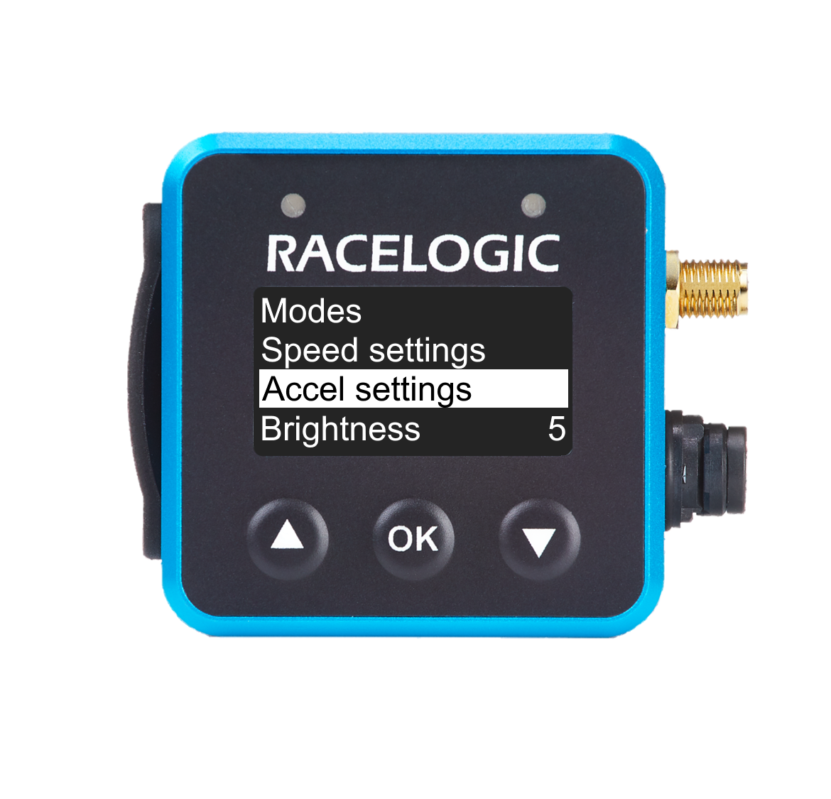VBOX Mini LapTimer showing the Accel Settings option in the Display Menu.