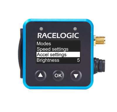 VBOX Mini LapTimer showing the Accel Settings option in the Display Menu.