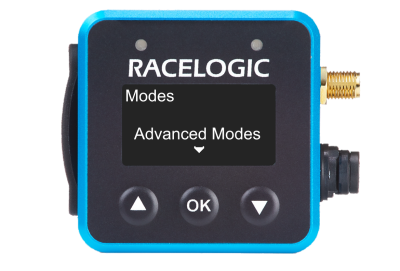 VBOX Mini LapTimer showing the Modes selector screen in the Display Menu with Advanced Modes selected.