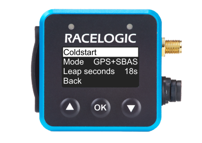 VBOX Mini LapTimer showing the Coldstart option in the GNSS Options menu.
