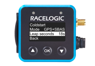VBOX Mini LapTimer showing the Leap Seconds option in the GNSS Options menu, set to 18s.