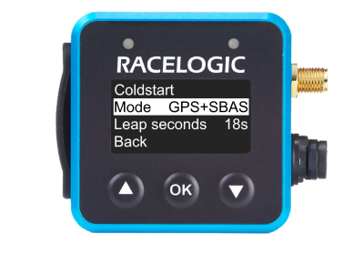VBOX Mini LapTimer showing the Mode option in the GNSS Options menu, set to GPS+SBAS.
