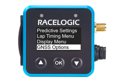 VBOX Mini LapTimer showing the GNSS Options option in the main menu.