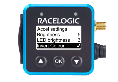 VBOX Mini LapTimer showing the Invert Colour option in the Display Menu enabled, with the tick mark behind the option to indicate it has been enabled and the screen displaying black text on white background..