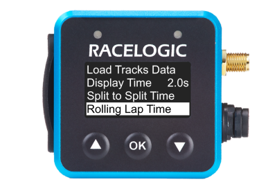 VBOX Mini LapTimer showing the Rolling Lap Time option in the Lap Timing Menu.