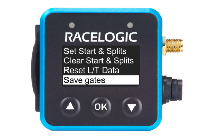 VBOX Mini LapTimer showing the Save Gates option in the Lap Timing Menu.