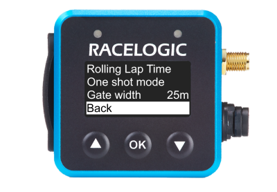 VBOX Mini LapTimer showing the Back option in the Lap Timing Menu.