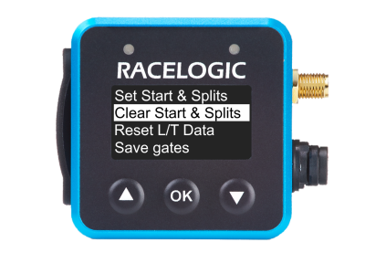 VBOX Mini LapTimer showing the Clear Start & Splits option in the Lap Timing Menu.