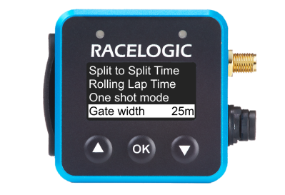 VBOX Mini LapTimer showing the Gate Width option in the Lap Timing Menu set to 25m.