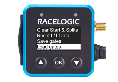 VBOX Mini LapTimer showing the Load Gates option in the Lap Timing Menu.