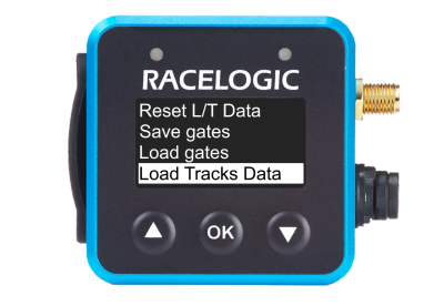 VBOX Mini LapTimer showing the Load Track Data option in the Lap Timing Menu.
