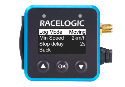 VBOX Mini LapTimer showing the settings menu with the Log Mode option in the Logging Options selected.