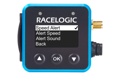 VBOX Mini LapTimer showing the Speed Alert menu enabled in the Speed Settings menu, making the Speed Alert settings available underneath.