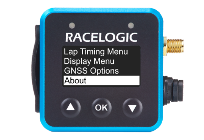 VBOX Mini LapTimer showing the About option in the main menu.