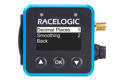 VBOX Mini LapTimer showing the Accel Settings menu with Decimal Places highlighted and set to 1 and the Smoothing option set to 2.