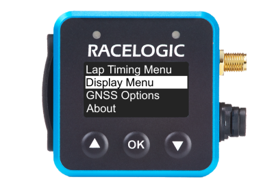 VBOX Mini LapTimer showing the Display Menu option in the main menu.