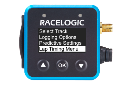 VBOX Mini LapTimer showing the Lap Timing Menu option in the main menu.