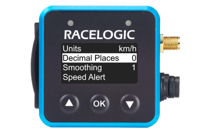 VBOX Mini LapTimer showing the Decimal Places option in the Speed Settings menu set to 0.