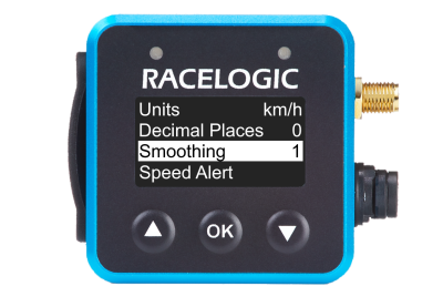 VBOX Mini LapTimer showing the Smoothing option in the Speed Settings menu set to 1.