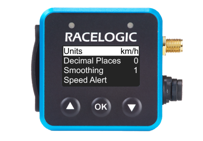 VBOX Mini LapTimer showing the Units option in the Speed Settings menu set to km/h.