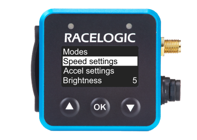 VBOX Mini LapTimer showing the Speed Settings option in the Display Menu.