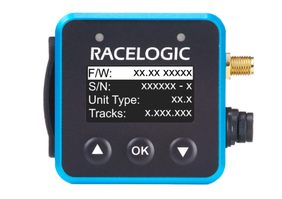VBOX Mini LapTimer showing the About screen with characters in the serial and version numbers indicated by "x" to illustrate the expected formats.