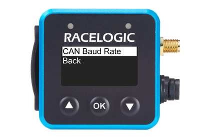 VBOX Mini Pit Lane Timer showing the CAN Options menu with the CAN Baud Rate option highlighted.